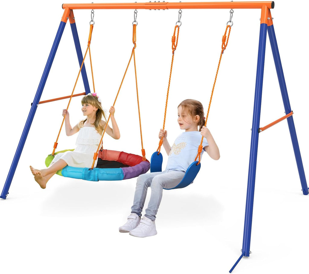 Swing Set for Backyard with Stand - Heavy Duty 440lbs Metal A-Frame Outdoor Playset with 32" Saucer Swing &amp; 26.2" Seats