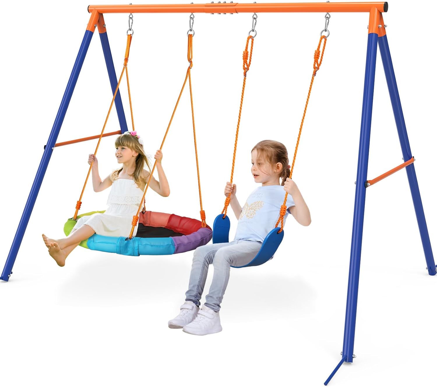 Swing Set for Backyard with Stand - Heavy Duty 440lbs Metal A-Frame Outdoor Playset with 32" Saucer Swing &amp; 26.2" Seats