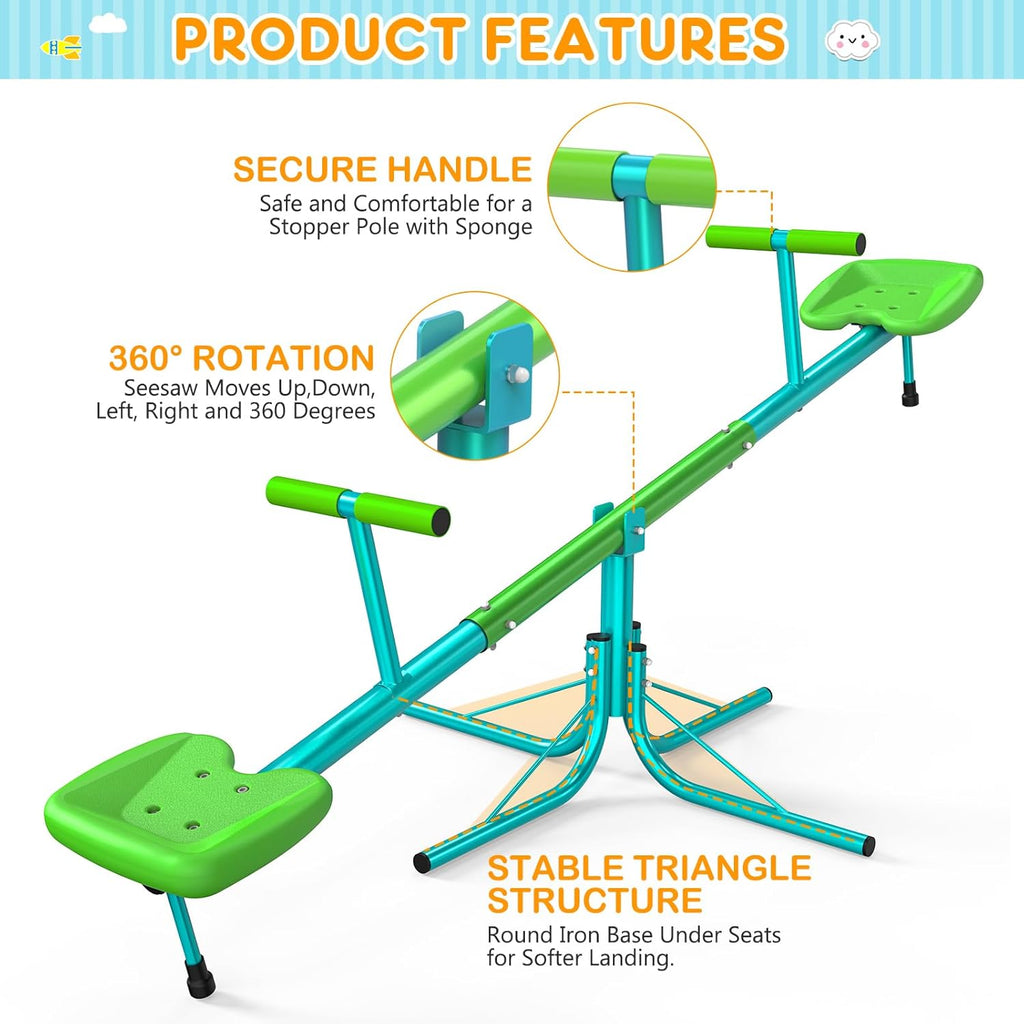 Seesaw, Sit and Spin Teeter Totter, 3-Section Reinforced Frame for Enhanced Stability, Kids Outdoor Playground Equipment, Swiveling 360° Rotating for Ages 4-8, Safety Certified