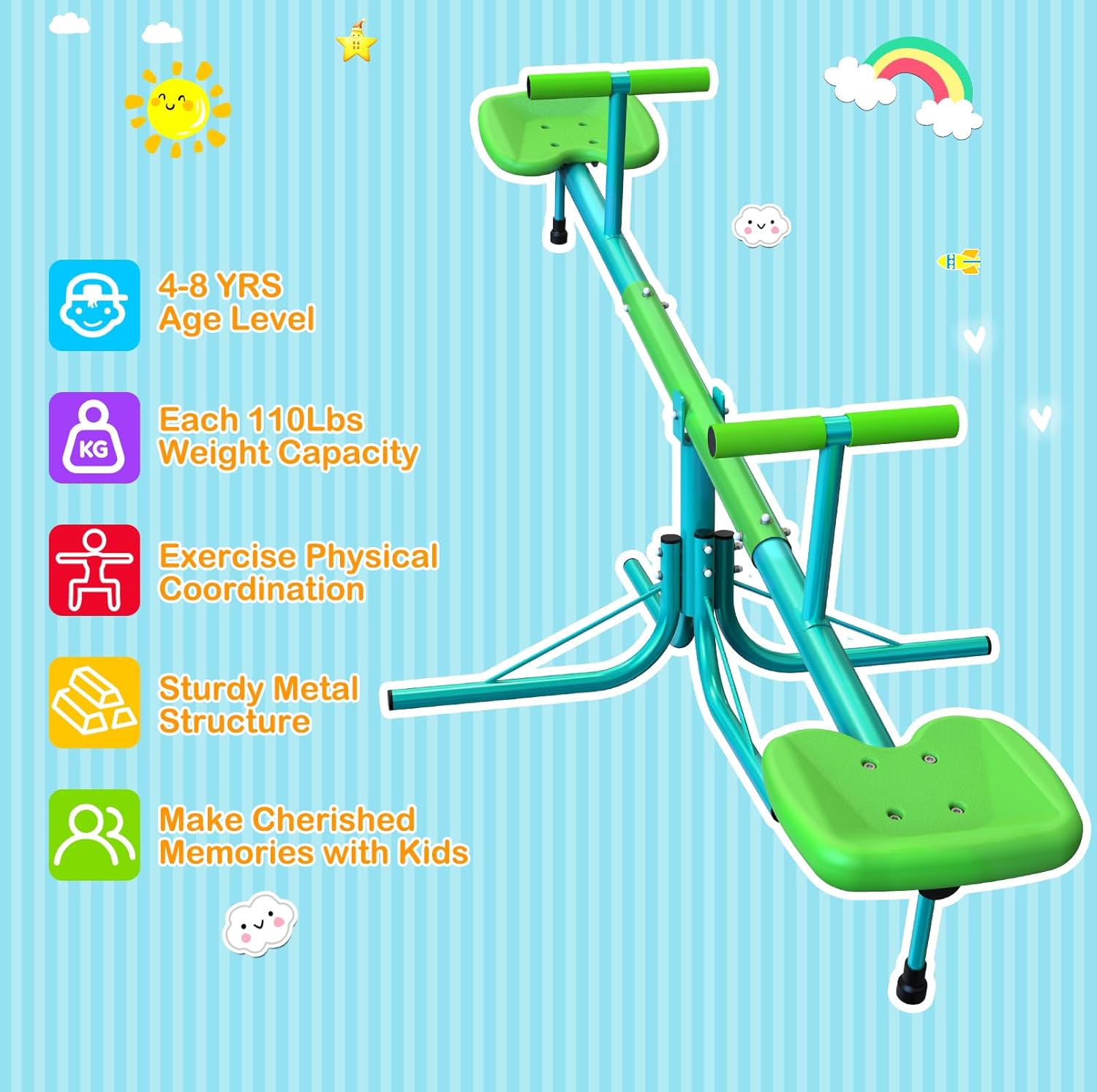 Seesaw, Sit and Spin Teeter Totter, 3-Section Reinforced Frame for Enhanced Stability, Kids Outdoor Playground Equipment, Swiveling 360° Rotating for Ages 4-8, Safety Certified