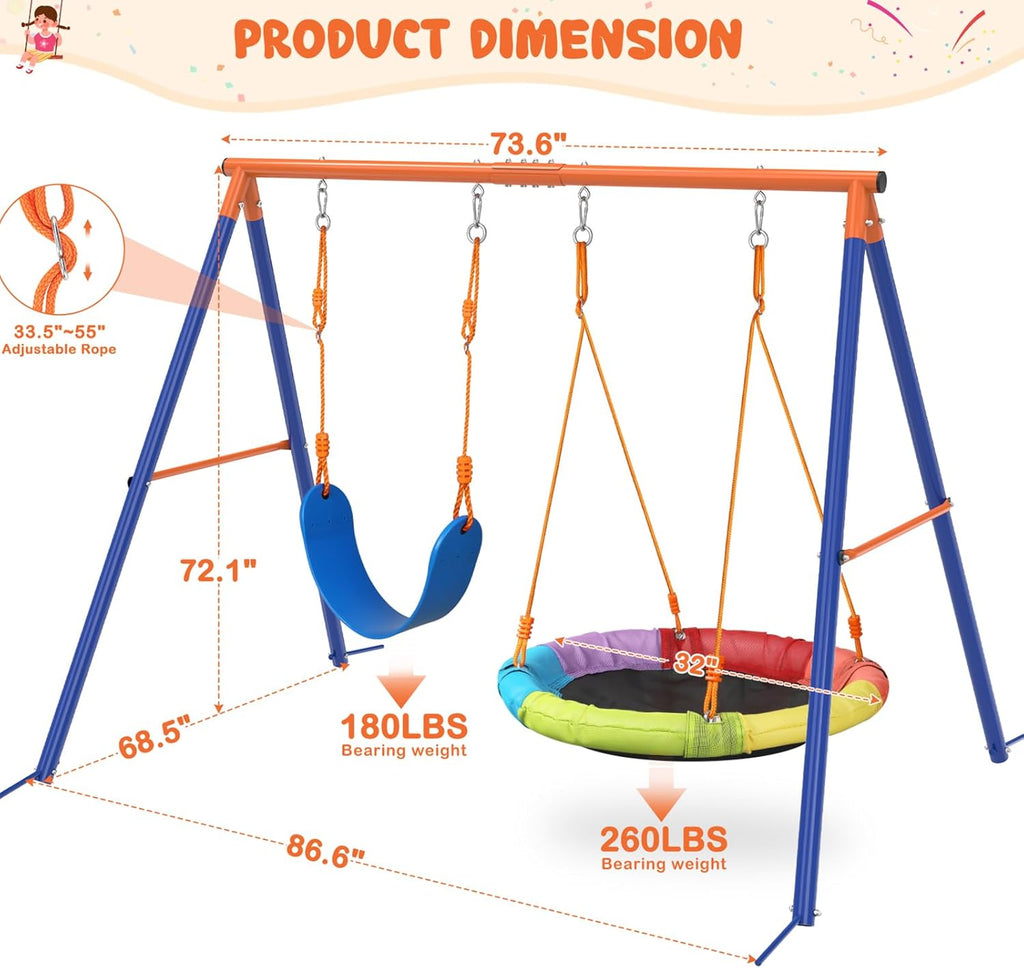 Swing Set for Backyard with Stand - Heavy Duty 440lbs Metal A-Frame Outdoor Playset with 32" Saucer Swing &amp; 26.2" Seats