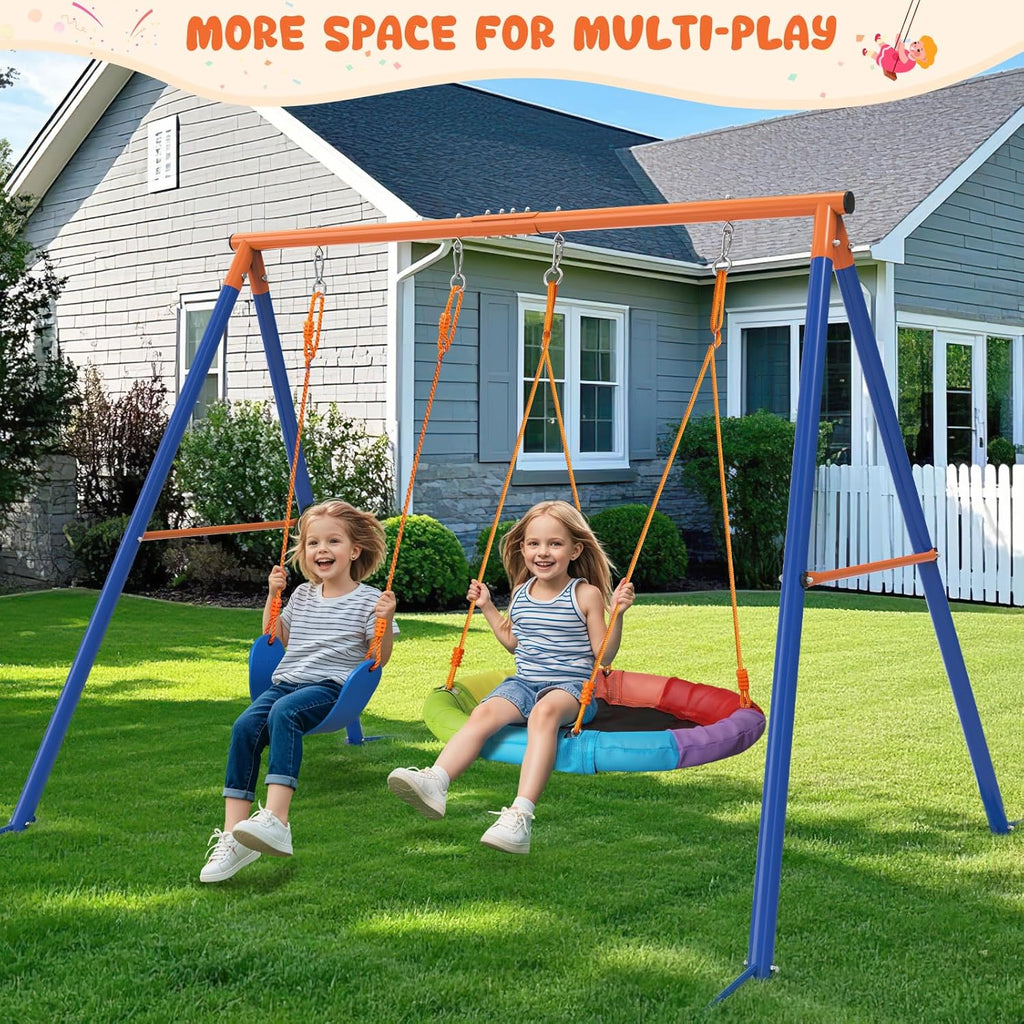 Swing Set for Backyard with Stand - Heavy Duty 440lbs Metal A-Frame Outdoor Playset with 32" Saucer Swing &amp; 26.2" Seats