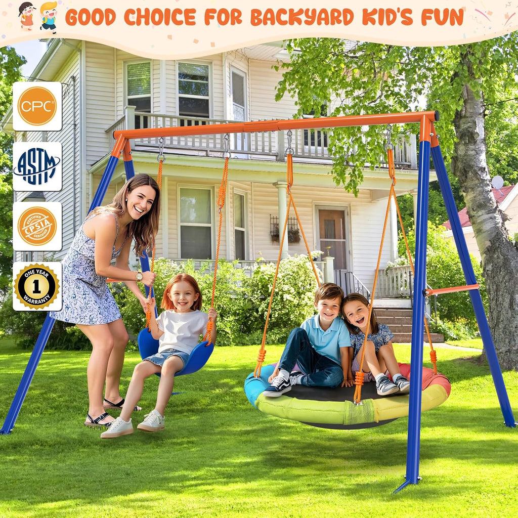 Swing Set for Backyard with Stand - Heavy Duty 440lbs Metal A-Frame Outdoor Playset with 32" Saucer Swing &amp; 26.2" Seats