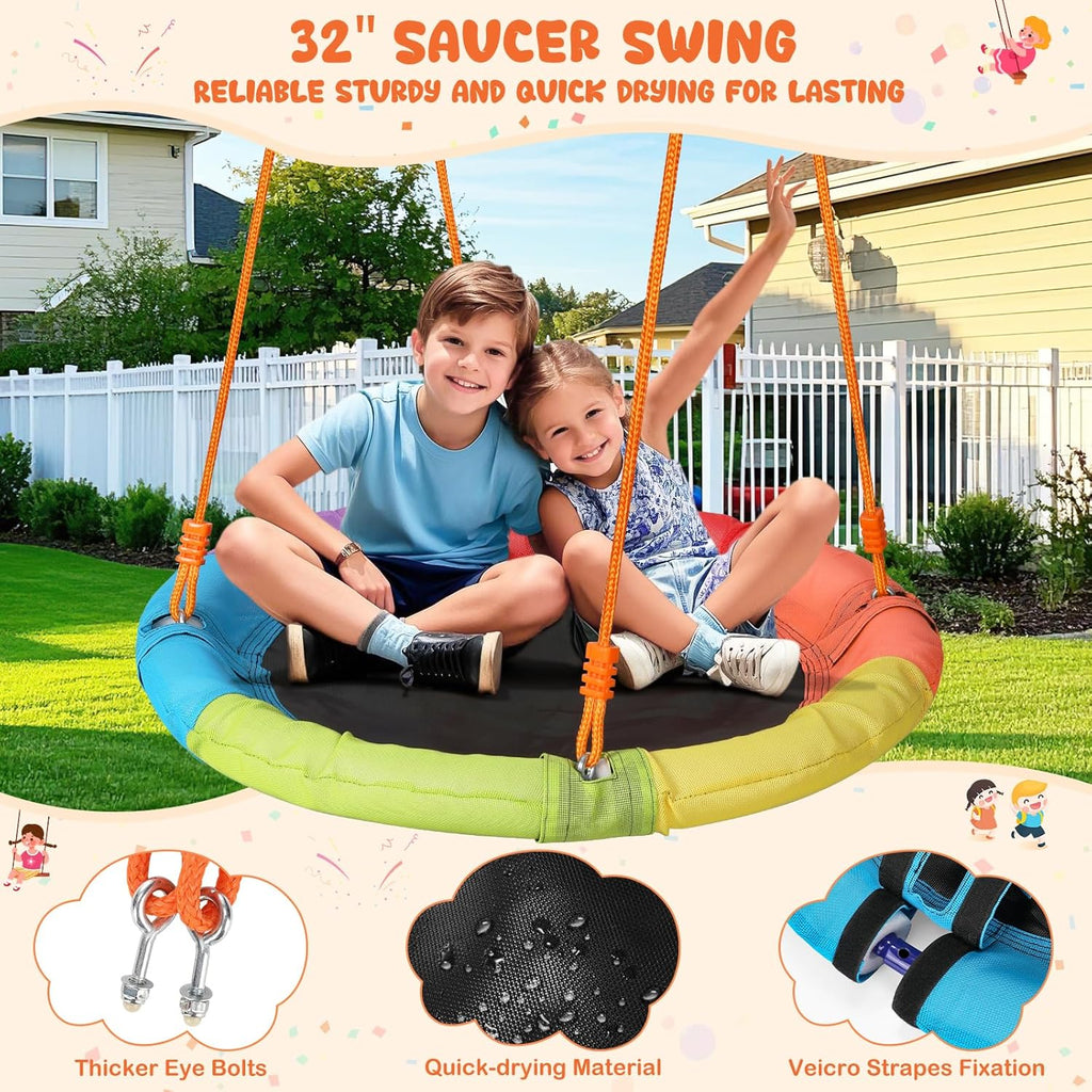 Swing Set for Backyard with Stand - Heavy Duty 440lbs Metal A-Frame Outdoor Playset with 32" Saucer Swing &amp; 26.2" Seats